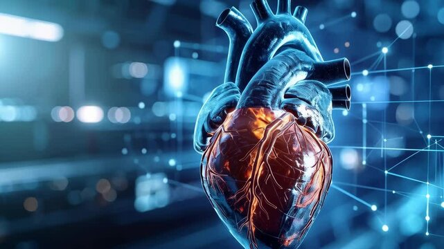 Conceptual image showcasing anatomical human heart model with digital glowing network connections and data transfer for medical technology background. - Powered by Adobe