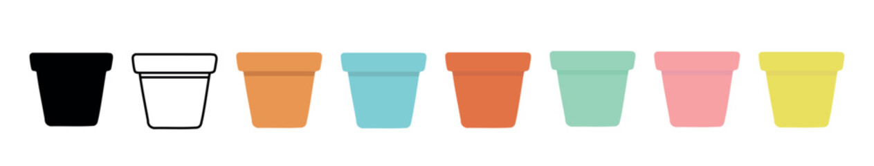 Set of colorful flower pots in various styles isolated on white background, illustration. concept of garden, decor, plant container, home gardening, design elements