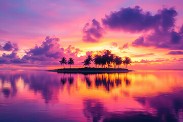 Obraz premium Palm trees island on tropical sunset beach background. Summer and travel concept. Generative ai.