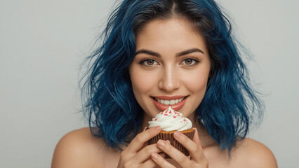 Woman with Blue Hair Holding a Cupcake