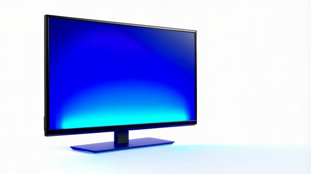 Modern flat screen television set on minimalist blue stand against a stark white background displaying bright gradient of vibrant blues.