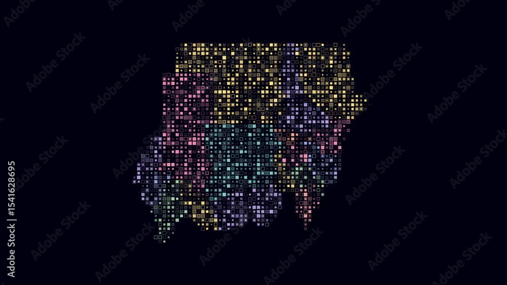 Poster sudan dotted animation. shape of the country build of pulsating colored dots. small size square bloc