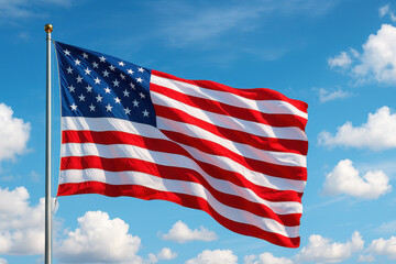 Obraz premium Waving American Flag Against Blue Sky with Clouds – Symbol of Freedom and Patriotism