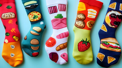 National Cheesy Socks Day concept. Quirky flat lay of colorful mismatched socks with food patterns