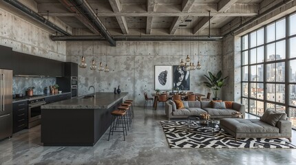 Contemporary Concrete Loft Kitchen with Dramatic Pendant Lighting and City Views