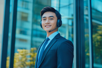 Smiling Asian man call centre operator over blur of modern office building facade, Business communication concept