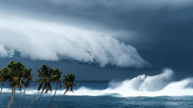 Tropical storm brewing over ocean water with large waves and palm trees blowing in the wind on the shoreline landscape.