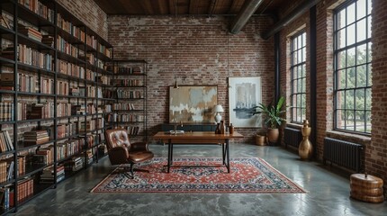 Industrial Loft Home Office Library with Floor-to-Ceiling Bookshelves and Exposed Brick