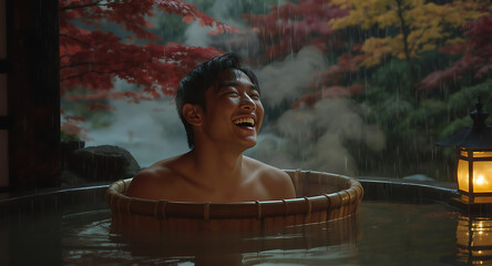 Smiling Young Man Relaxing in Outdoor Wooden Hot Tub on Rainy Day