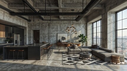 Spacious Concrete Loft with Industrial Kitchen and Contemporary Living Area