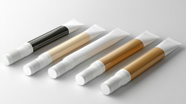 Mockup of cosmetic or paint tubes made of aluminum and plastic, designed with empty labels for easy product customization and branding.