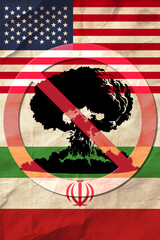 No nuclear war: Powerful graphic combining US and Iranian flags with a crossed-out atomic explosion. A message for de-escalation and peace