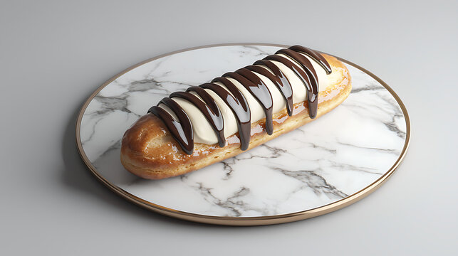 A delectable eclair generously filled with cream and drizzled with chocolate ganache, presented on a chic marble plate.
