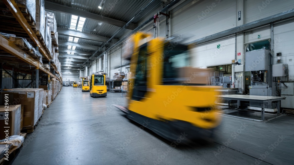 Poster busy warehouse environment with yellow forklifts moving swiftly along aisles, surrounded by stacked 