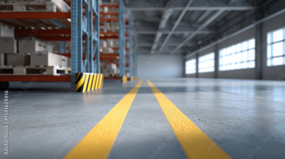 Poster yellow lines on floor of warehouse guide movement and organization, creating structured environment.