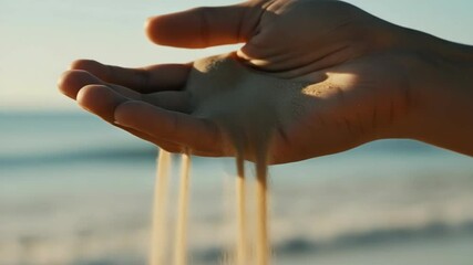 Hand holding sand grains at beach. Fine sand slips through fingers. Time passes, grains fall. Concept image perfect for video production and promotional materials. - Powered by Adobe