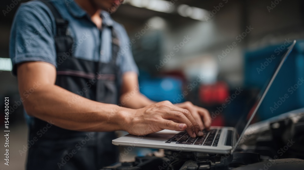 Poster mechanic using laptop to diagnose vehicle electrical system in workshop. focused expression shows de