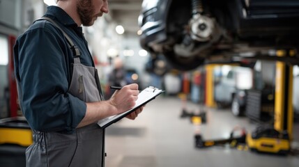 Mechanic inspects vehicle suspension system while taking notes on clipboard in well lit garage. atmosphere is focused and professional, showcasing importance of vehicle maintenance