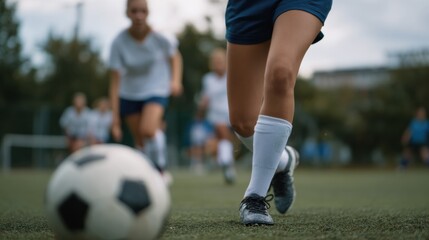 Close up of female soccer players practicing free kicks on grassy field, showcasing determination and teamwork. focus is on ball and player legs, emphasizing athleticism