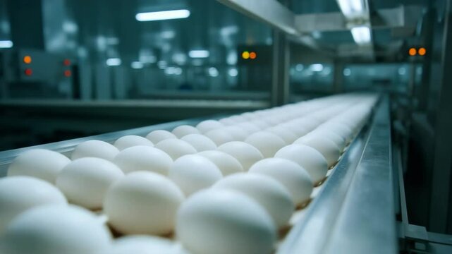 Eggs on conveyor in egg factory emphasize quality control and mass production. Each egg in mass production line follows strict quality control. Automated egg quality control system at scale.