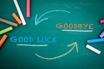 Farewell and Good Luck Message on Chalkboard with Arrows and Colorful Chalk