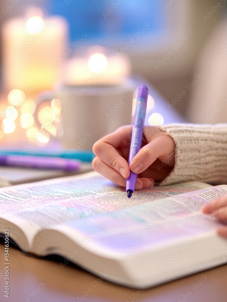 Poster person highlighting text in an open book with candles and blurred lights in the background