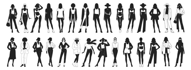 Silhouettes of fashionable women in modern outfits with accessories, vector illustration set. Includes diverse female figures in casual, business and stylish streetwear looks.