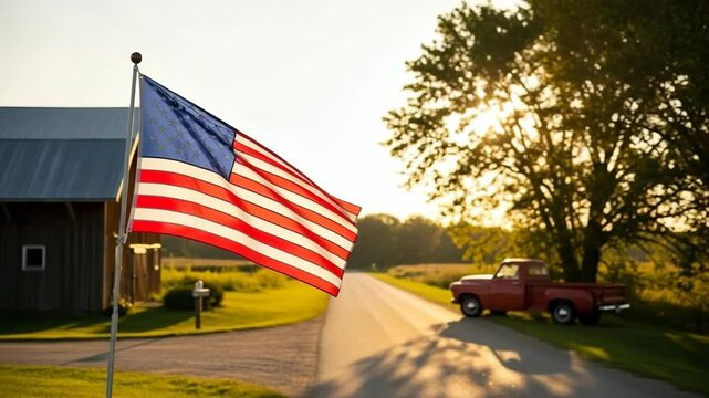 American flag waving proudly near rustic barn and vintage truck.  Patriotic scene embodies rural charm and independence. Perfect image for celebrating national holidays or promoting American values 