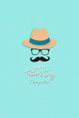 Fototapeta premium Father's Day poster and banner template with a flat lay design featuring a hat, glasses, and mustache symbolizing Dad.