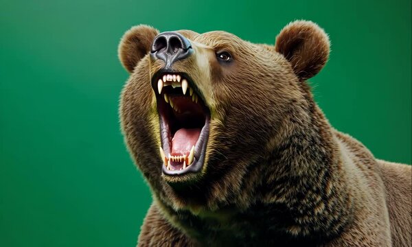 Aggressive Grizzly Bear Roaring with Mouth Wide Open, Displaying Sharp Teeth and Fierce Expression, Isolated on Green Screen Background