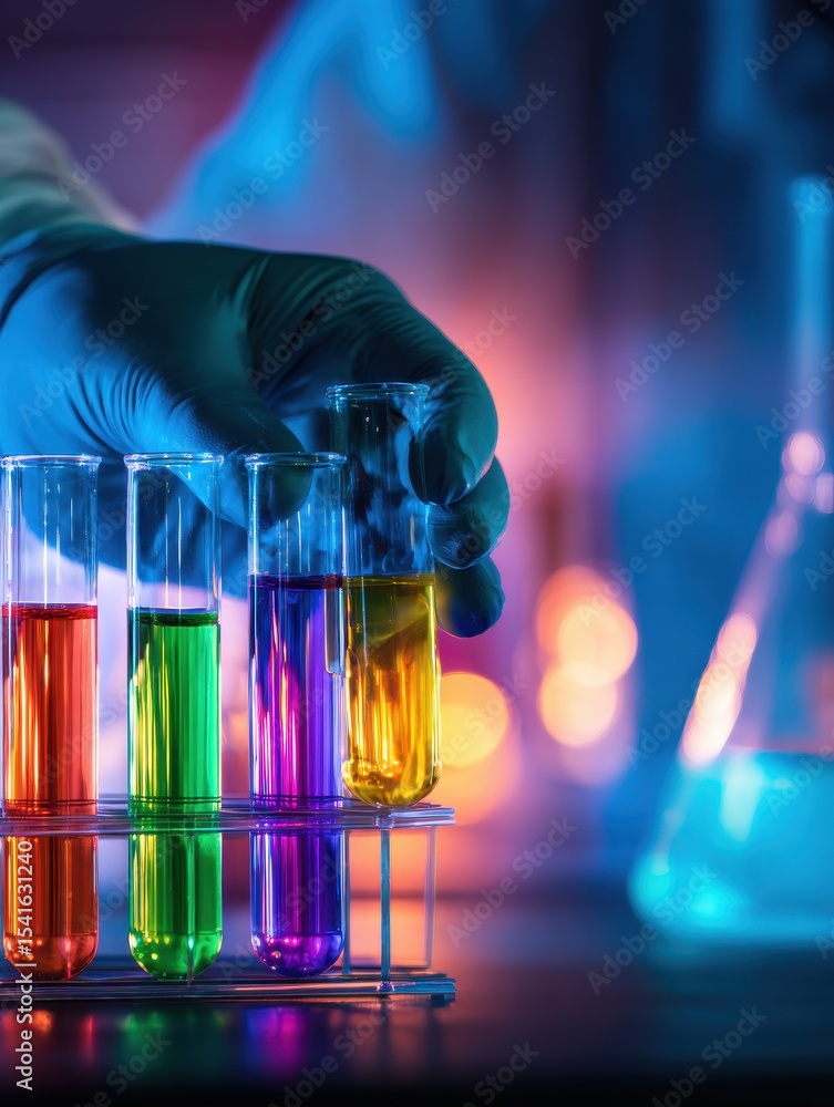 Poster scientist conducting an experiment with colorful liquids in test tubes in a lab setting