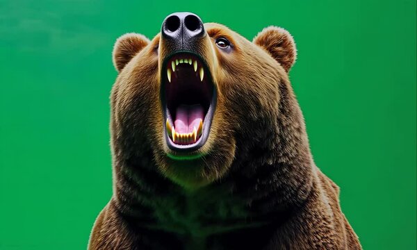 Aggressive Grizzly Bear Roaring with Mouth Wide Open, Displaying Sharp Teeth and Fierce Expression, Isolated on Green Screen Background