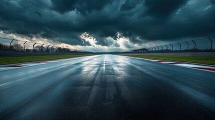 Race track under dark clouds: Empty race track beneath ominous dark clouds, setting a dramatic scene.
