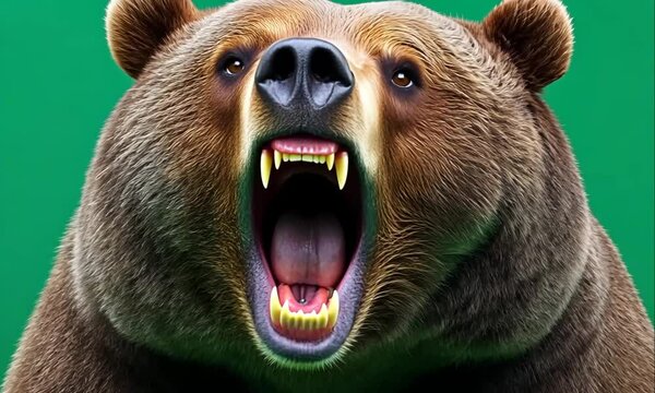 Angry Grizzly bear in Rage, and Roaring, Isolated on Green Background