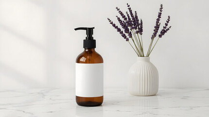 Fototapeta premium Amber Bottle with White Label and Lavender in Ceramic Vase