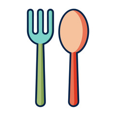 Stylized cartoon drawing of a fork and spoon with colorful design