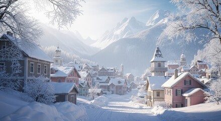 Naklejka premium A picturesque winter village scene with snow covered houses and mountains in the background view bright