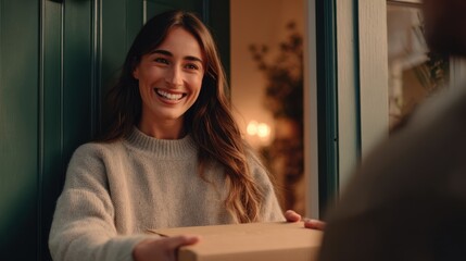 The joyful woman receiving a package at her cozy home entrance during evening time.