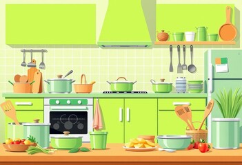Flat style vector illustration of a green kitchen set with various utensils,   kitchen gadget,  utensils