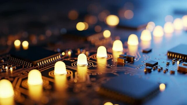 Illuminated circuit board with glowing led lights. Close up detailed image shows microchips and electronic components. High tech technology concept perfect for video production.