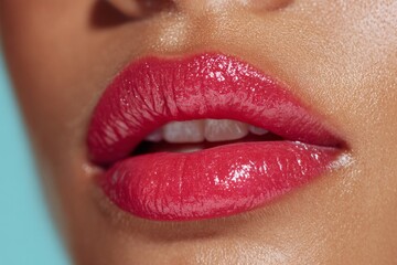 Close-up of glossy pink lips with a natural shine and smooth skin texture