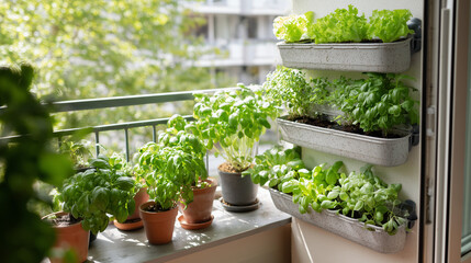 Balcony herb garden thriving in sunny pots and wall planters. Ideal for gardening blogs, home decor websites, and lifestyle magazines.