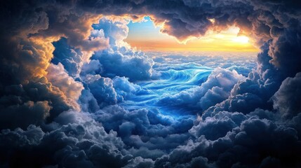 Heavenly cloudscape vista; sunlit cloudscape through storm clouds