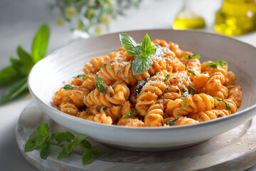 Bowl of rotini pasta in creamy tomato sauce with basil garnish. Perfect for food blogs, recipes, and Italian cuisine concepts.