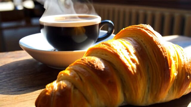 Golden croissant alongside a cup of coffee on a wooden surface