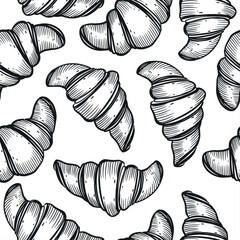 Seamless vector pattern of sweet buns, croissants. French pastries. All objects are hand-drawn with ink. The illustration is suitable for the design of food packaging, bakeries.