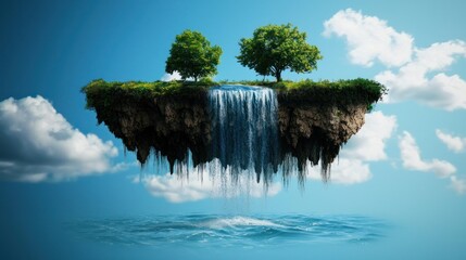 Floating island paradise waterfall, scenic cloudscape, tranquility