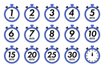 残り時間を表示するタイマー/ストップウォッチ/時計のアイコンイラストデザインセット(timer clock stopwatch 1min 2min 3min 4min 5min 6min 7min 8min 9min 10min 15min 20min 25min 30min 残り時間 シンプル アイコンイラスト ベクター 編集可能 青)