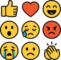 Emoji set with various facial expressions and emotions including happy, sad, angry, crying, clapping, love, and thumbs up
