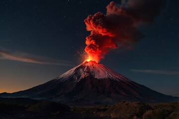 Red smoke glows from Popocatépetl at night. An obsidian warrior stands at the crater, facing the wind. Ash hides the stars; the scene feels mythic and tense.